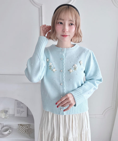 ローズ刺繍ニットカーディガン | LO2256058 | ライトブルー
