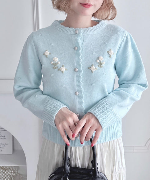 ローズ刺繍ニットカーディガン | LO2256058 | ライトブルー