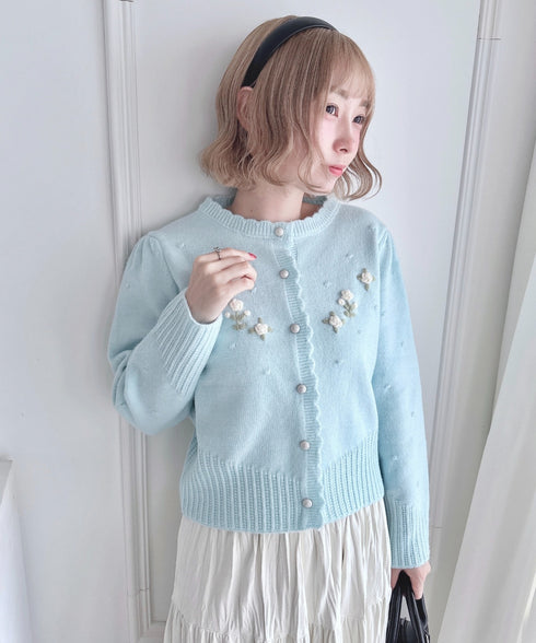 ローズ刺繍ニットカーディガン | LO2256058 | ライトブルー