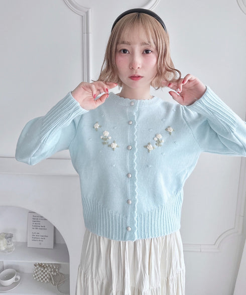 ローズ刺繍ニットカーディガン | LO2256058 | ライトブルー