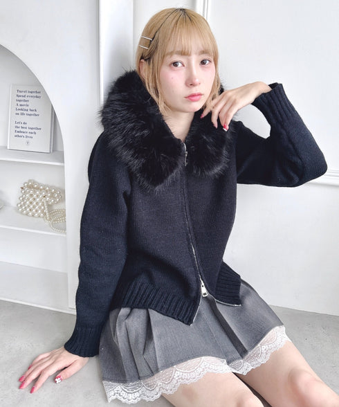 ボリュームファーダブルジップニットフーディ | LO2254012 | ブラック