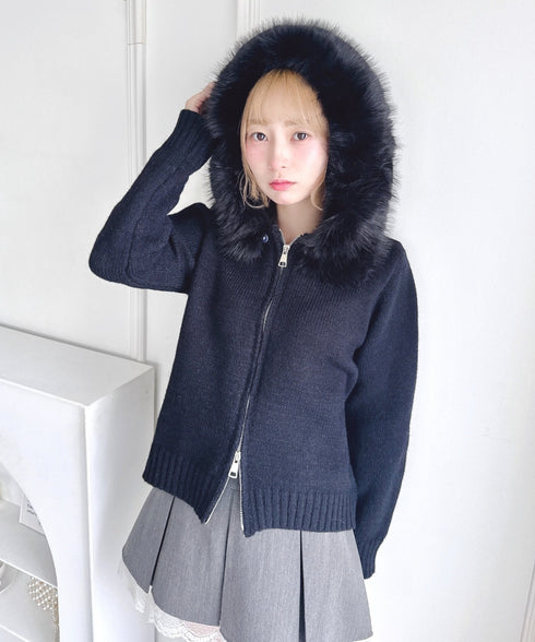 ボリュームファーダブルジップニットフーディ | LO2254012 | ブラック