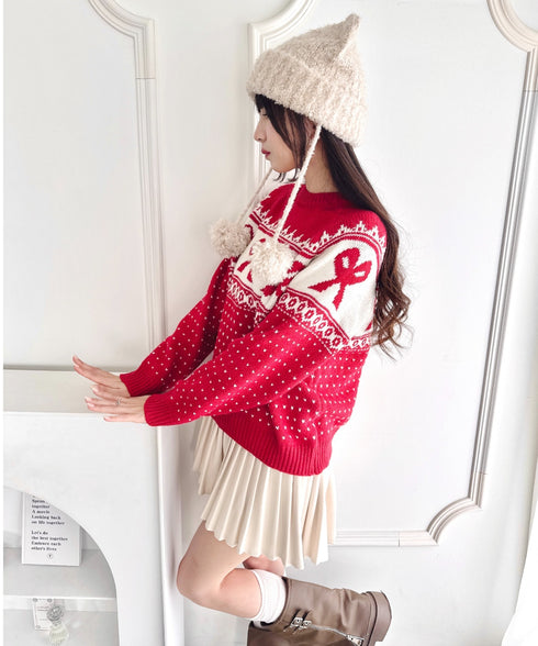 リボンノルディックニットプルオーバー | LO2254013 | レッド