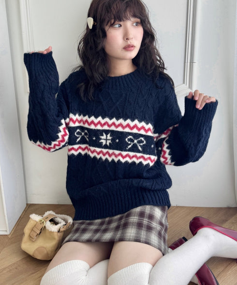 ノルディックリボンジャガードニットプルオーバー | SL2254014 | ネイビー