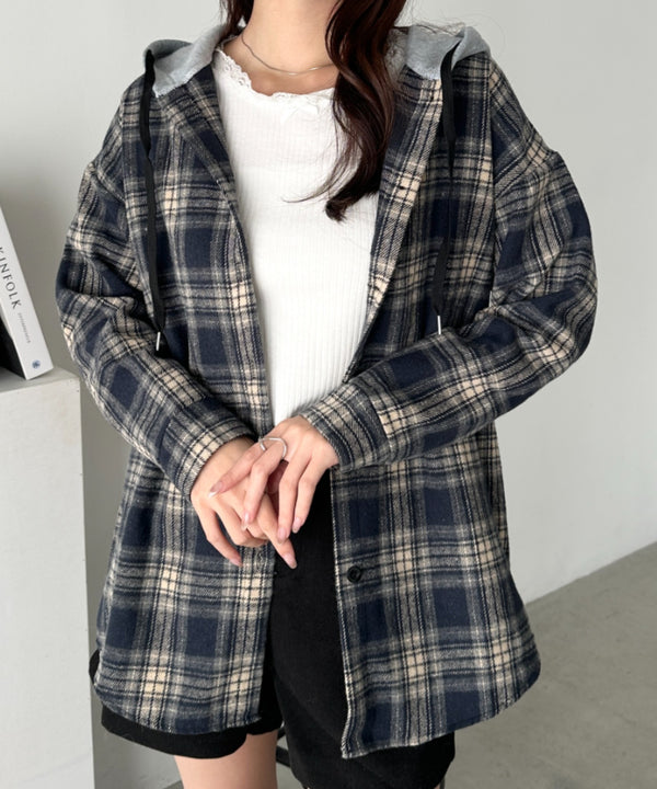 フード付きチェックシャツ | CL2253030 | ネイビー