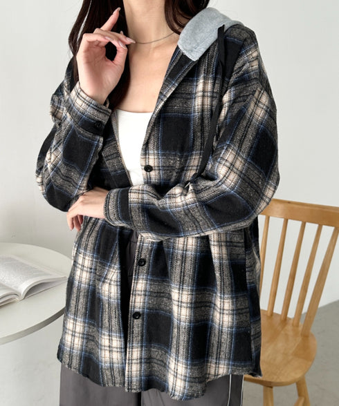 フード付きチェックシャツ | CL2253030 | ブラック