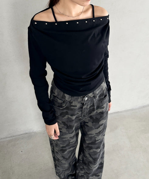 スタッズオフショルサイドギャザートップス | BA2253026 | ブラック