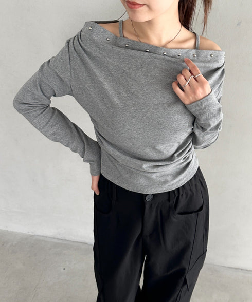 スタッズオフショルサイドギャザートップス | BA2253026 | グレー