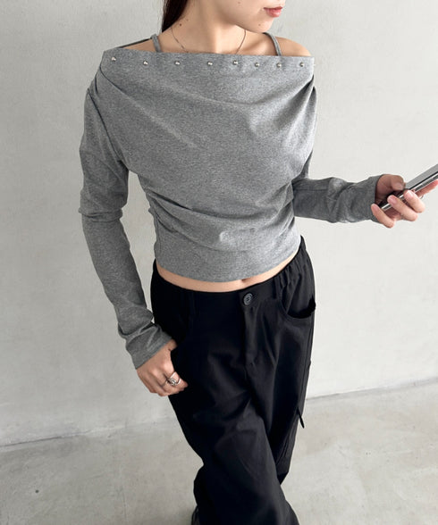 スタッズオフショルサイドギャザートップス | BA2253026 | グレー