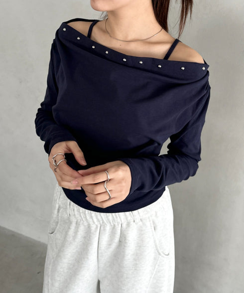 スタッズオフショルサイドギャザートップス | BA2253026 | ネイビー