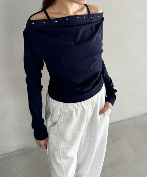 スタッズオフショルサイドギャザートップス | BA2253026 | ネイビー