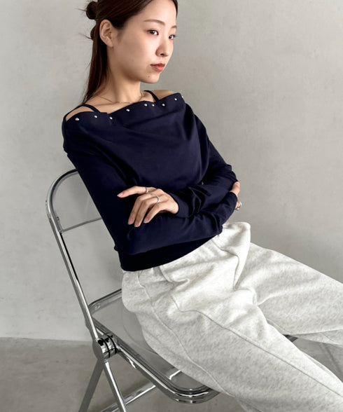 スタッズオフショルサイドギャザートップス | BA2253026 | ネイビー