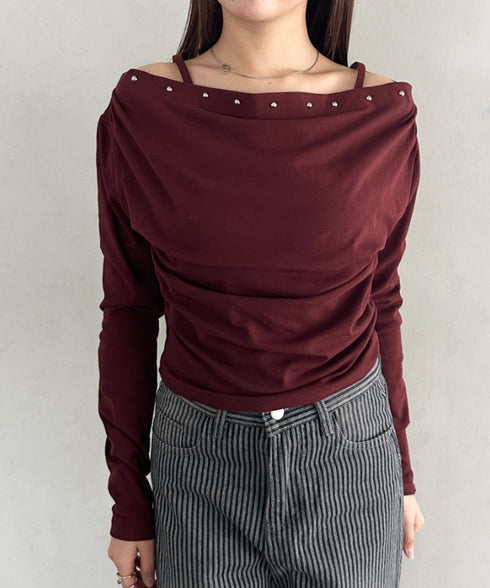 スタッズオフショルサイドギャザートップス | BA2253026 | レッド