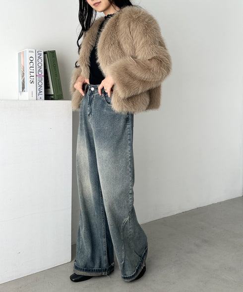 ノーカラーショート丈フェイクファージャケット | CL2256058 | ベージュ