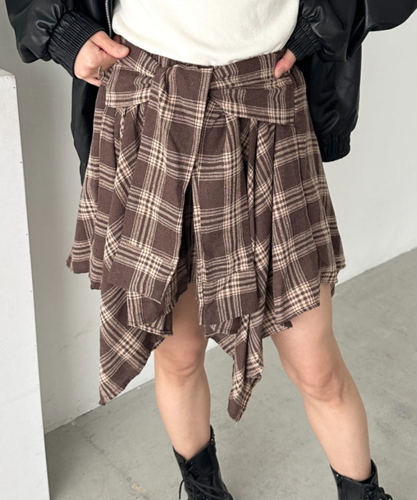 チェックシャツ巻き風ミニスカート | CL2253034 | ブラウン