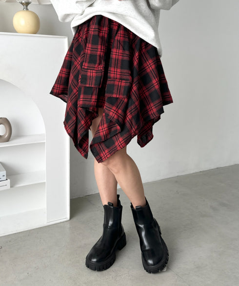 チェックシャツ巻き風ミニスカート | CL2253034 | レッド