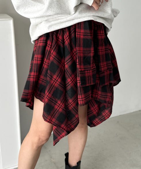 チェックシャツ巻き風ミニスカート | CL2253034 | レッド