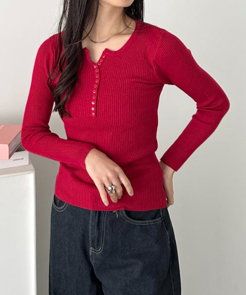 ヘンリーネックコンパクトリブトップス | CL2253035 | ワインレッド