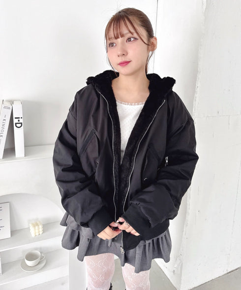 【リバーシブル】フェイクファーフーディ2WAYブルゾン | LO2254022 | ブラック
