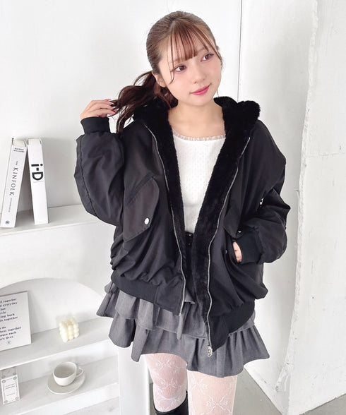 【リバーシブル】フェイクファーフーディ2WAYブルゾン | LO2254022 | ブラック