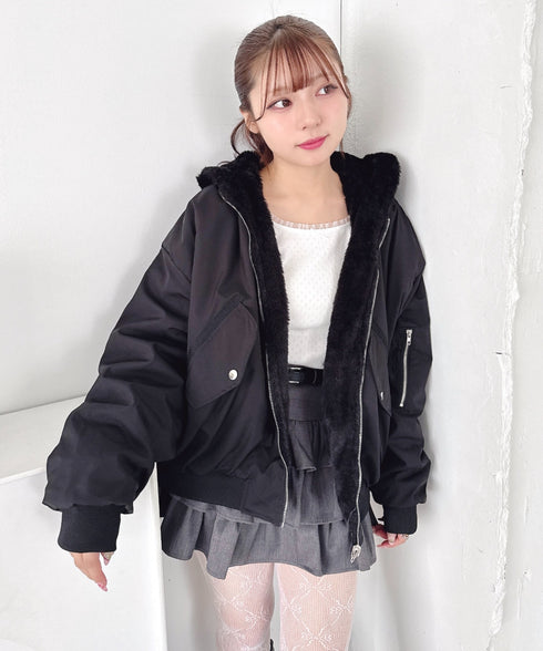 【リバーシブル】フェイクファーフーディ2WAYブルゾン | LO2254022 | ブラック