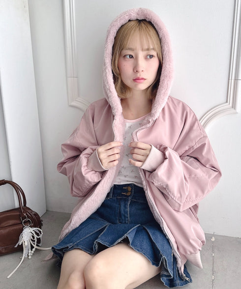 【リバーシブル】フェイクファーフーディ2WAYブルゾン | LO2254022 | ピンク