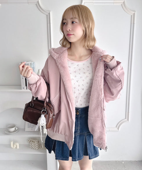 【リバーシブル】フェイクファーフーディ2WAYブルゾン | LO2254022 | ピンク