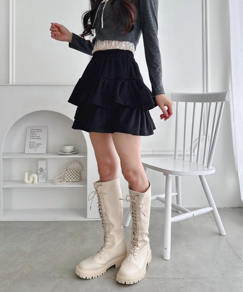 【チェック＆無地】ウールライクフリルミニスカパン | LO2254034 | ブラック