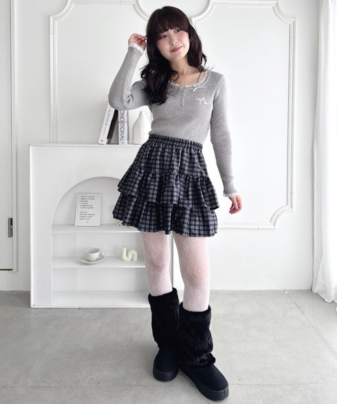 【チェック＆無地】ウールライクフリルミニスカパン | LO2254034 | ブラック系その他