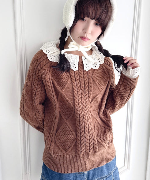 コットンレースドッキングケーブルニット | LO2256069 | ブラウン