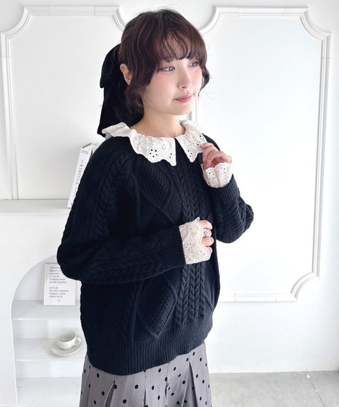 コットンレースドッキングケーブルニット | LO2256069 | ブラック
