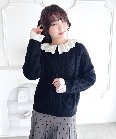 コットンレースドッキングケーブルニット | LO2256069 | ブラック