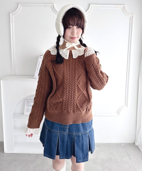 コットンレースドッキングケーブルニット | LO2256069 | ブラウン