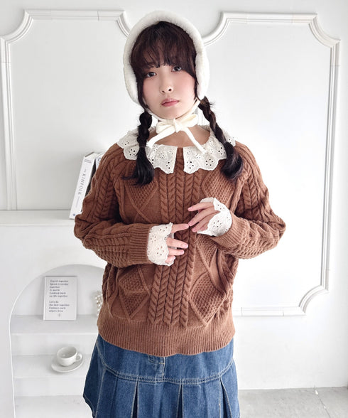 コットンレースドッキングケーブルニット | LO2256069 | ブラウン
