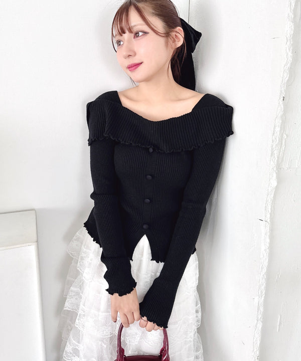 【5色展開】フロントボタンオフショル風ニットトップス | LO2256070 | ブラック