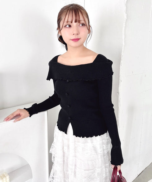 【5色展開】フロントボタンオフショル風ニットトップス | LO2256070 | ブラック