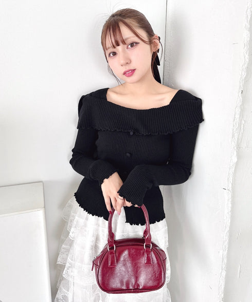 【5色展開】フロントボタンオフショル風ニットトップス | LO2256070 | ブラック