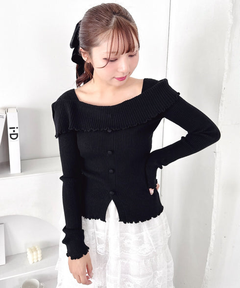 【5色展開】フロントボタンオフショル風ニットトップス | LO2256070 | ブラック