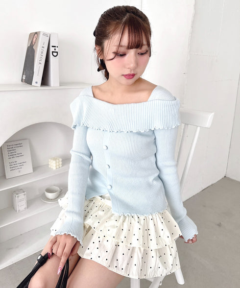 【5色展開】フロントボタンオフショル風ニットトップス | LO2256070 | ライトブルー