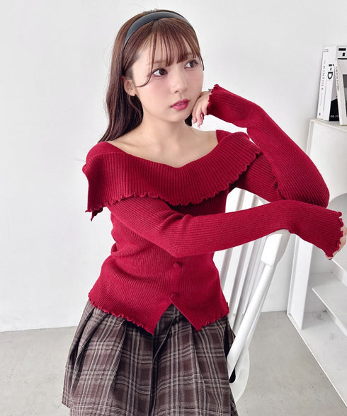 【5色展開】フロントボタンオフショル風ニットトップス | LO2256070 | レッド
