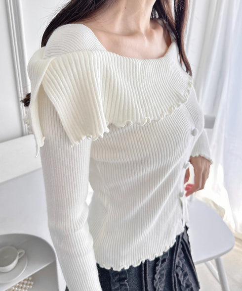 【5色展開】フロントボタンオフショル風ニットトップス | LO2256070 | ホワイト