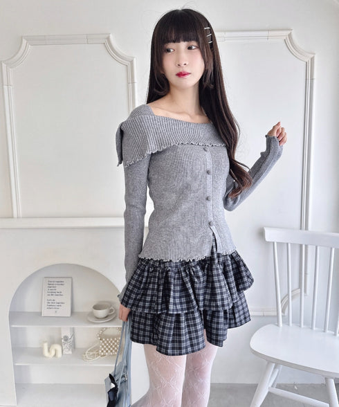 【5色展開】フロントボタンオフショル風ニットトップス | LO2256070 | グレー