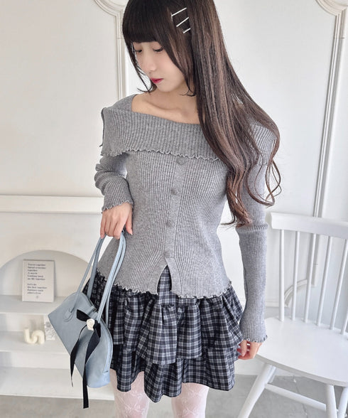 【5色展開】フロントボタンオフショル風ニットトップス | LO2256070 | グレー