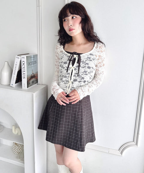 【チェック＆ドット】フロントリボンミニキャミワンピース | LO2256072 | ブラウン