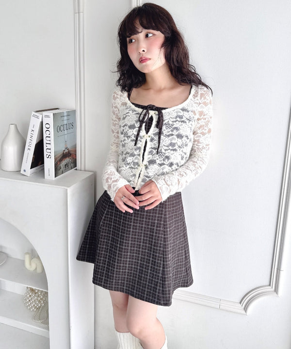 【チェック＆ドット】フロントリボンミニキャミワンピース | LO2256072 | ブラウン