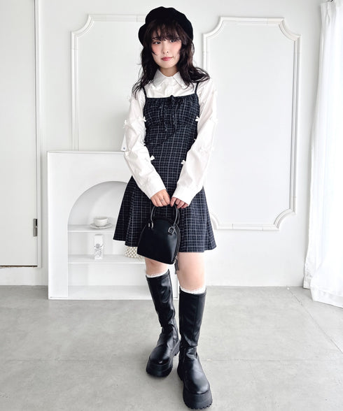 【チェック＆ドット】フロントリボンミニキャミワンピース | LO2256072 | ブラック