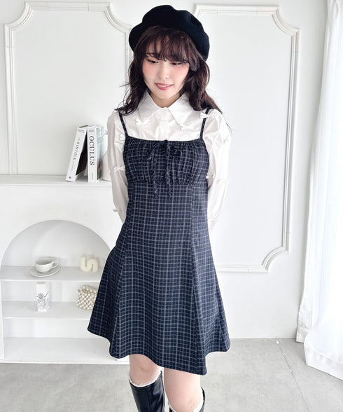 【チェック＆ドット】フロントリボンミニキャミワンピース | LO2256072 | ブラック