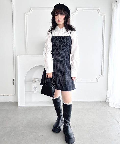 【チェック＆ドット】フロントリボンミニキャミワンピース | LO2256072 | ブラック