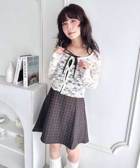 【チェック＆ドット】フロントリボンミニキャミワンピース | LO2256072 | ブラウン