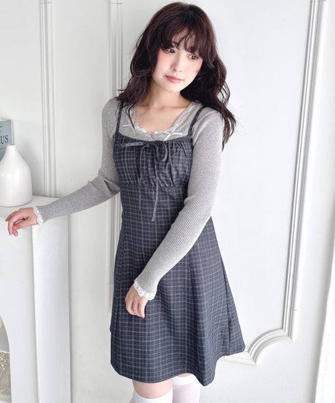 【チェック＆ドット】フロントリボンミニキャミワンピース | LO2256072 | グレー